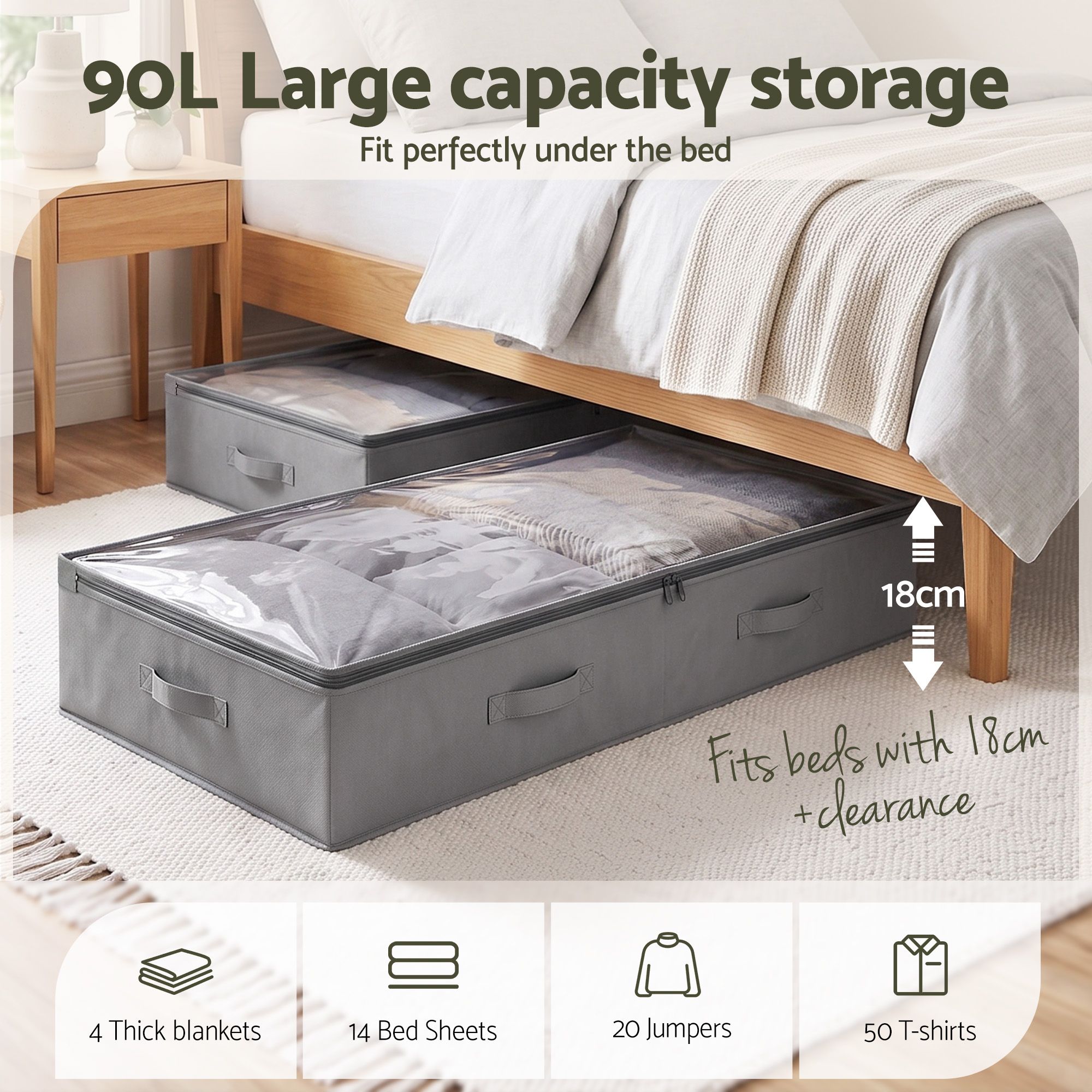 Artiss Under Bed Storage Containers X4 90L Boxes Organiser Clear Top Fabric Grey