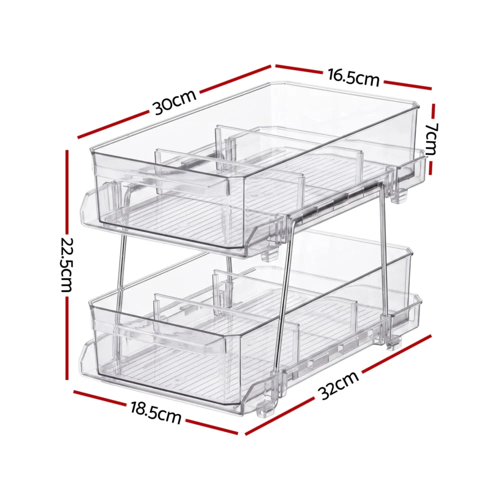 Artiss 2 Pack Clear Pull Out Cabinet Organiser 2 Tier Storage Drawers