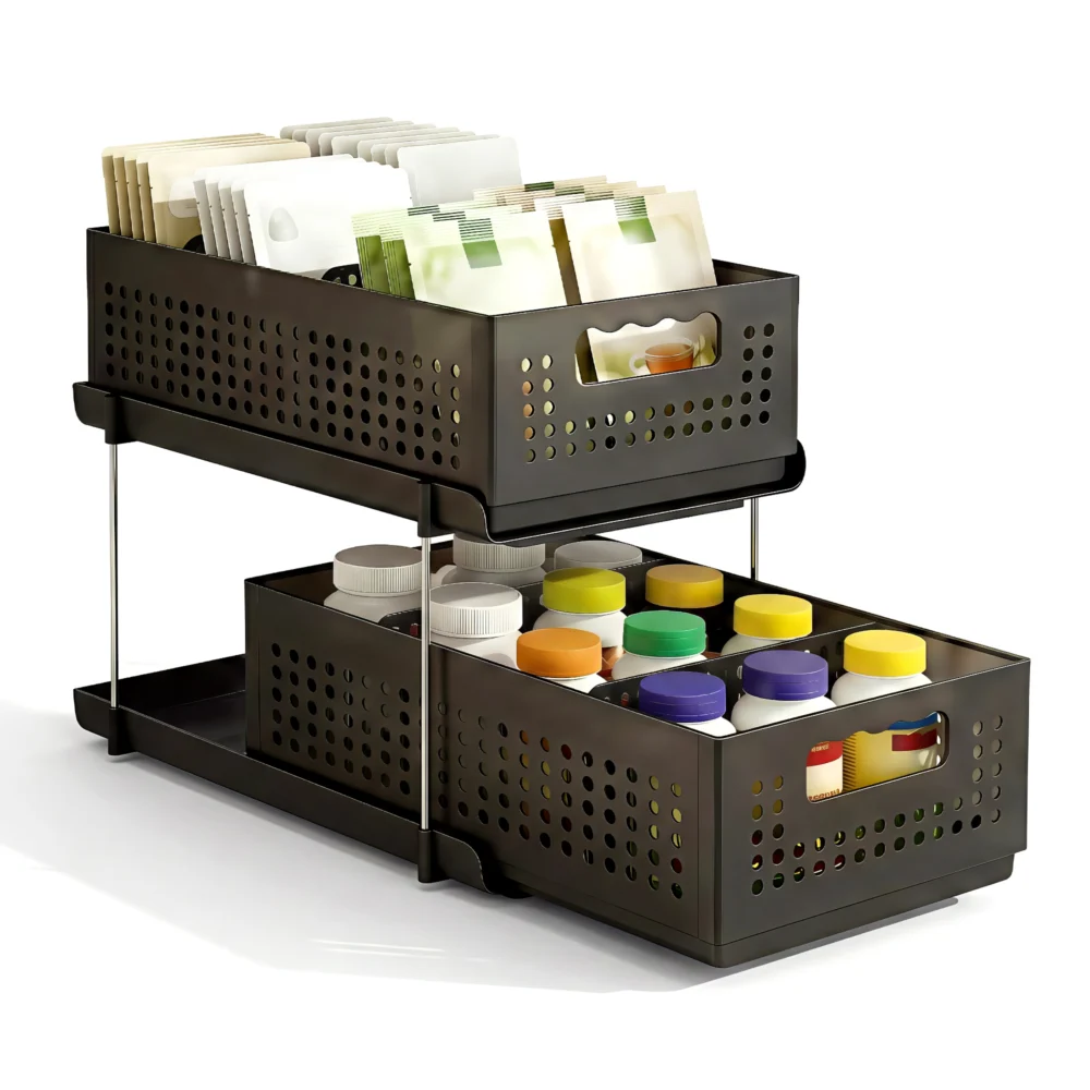 Artiss Under Sink Organizer 2 Tier Pull Out Drawer w/ Removable Baskets &