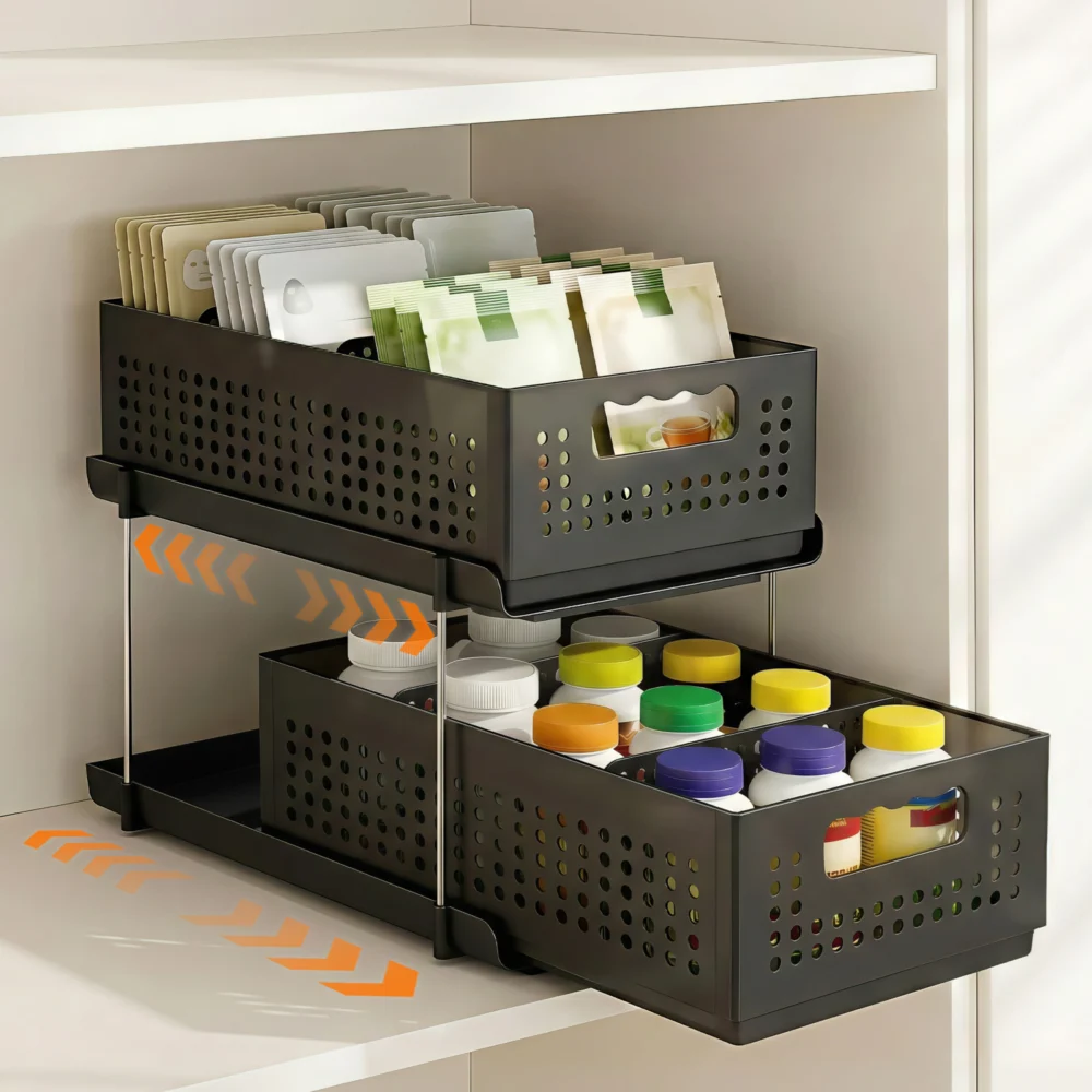 Artiss Under Sink Organizer 2 Tier Pull Out Drawer w/ Removable Baskets &