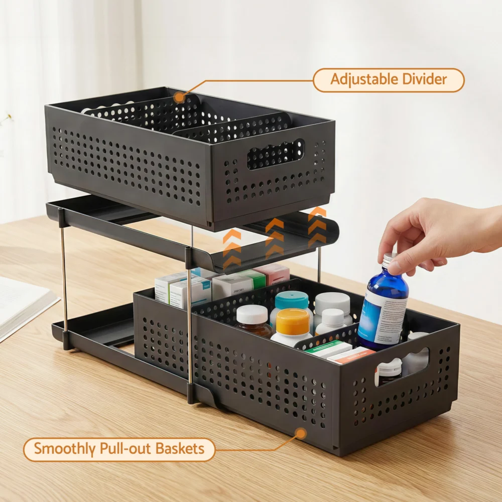 Artiss Under Sink Organizer 2 Tier Pull Out Drawer w/ Removable Baskets &