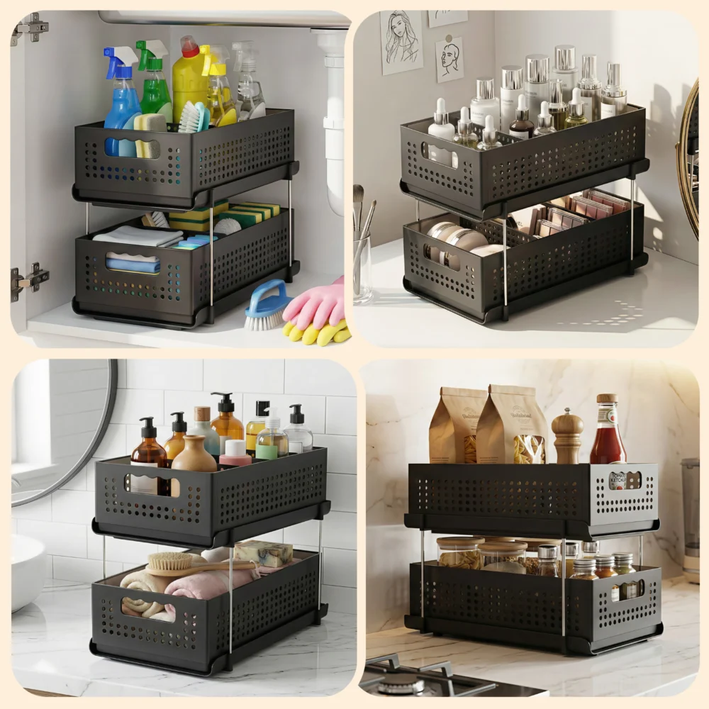 Artiss Under Sink Organizer 2 Tier Pull Out Drawer w/ Removable Baskets &