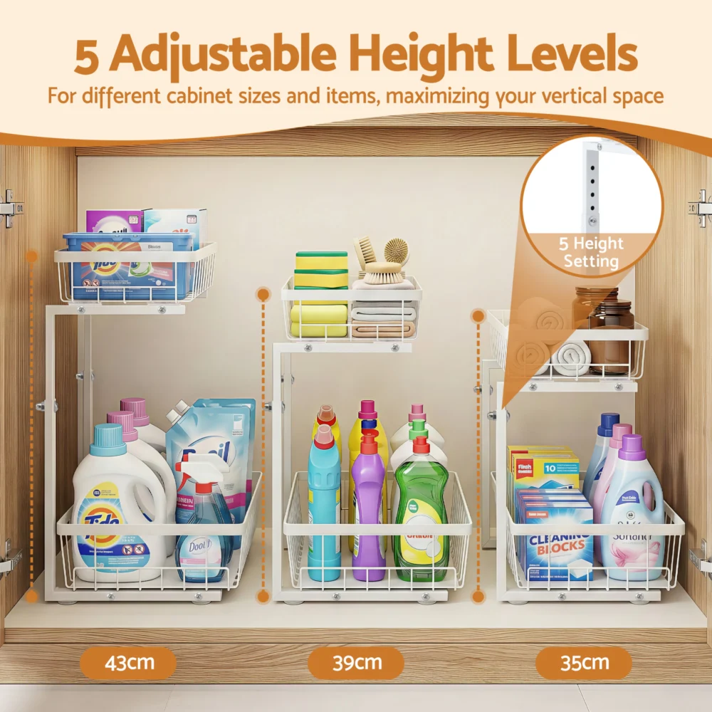 Artiss Under Sink Organizer Storage w/ 2 Slide Out Drawers 5 Adjustable Height