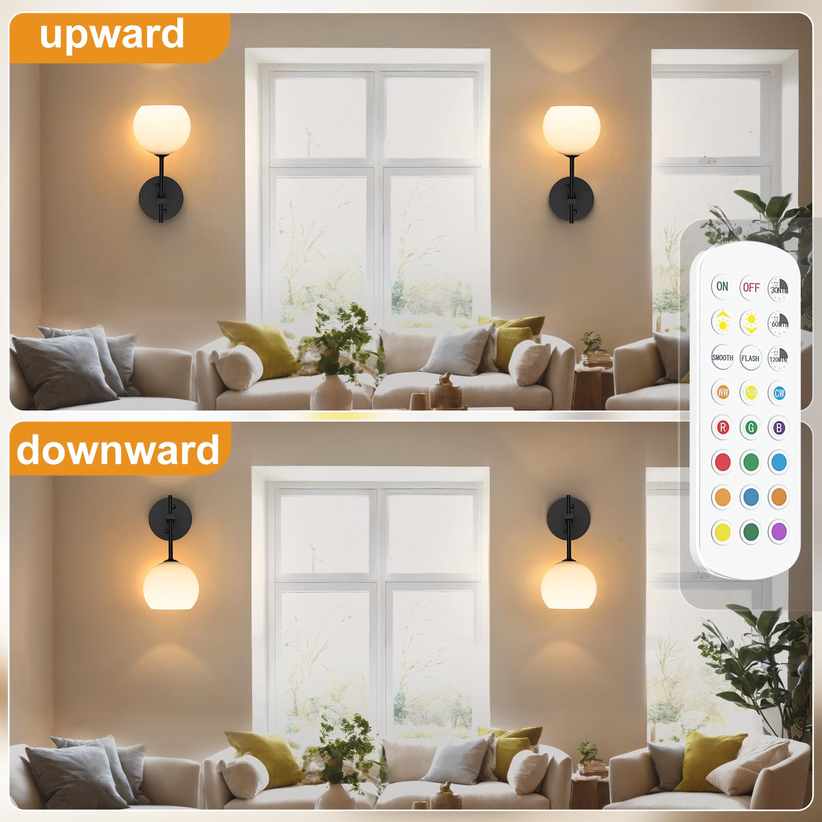 Wall Sconces Set of Two, Wireless Battery Operated Wall Decor w/ Remote, Sconces