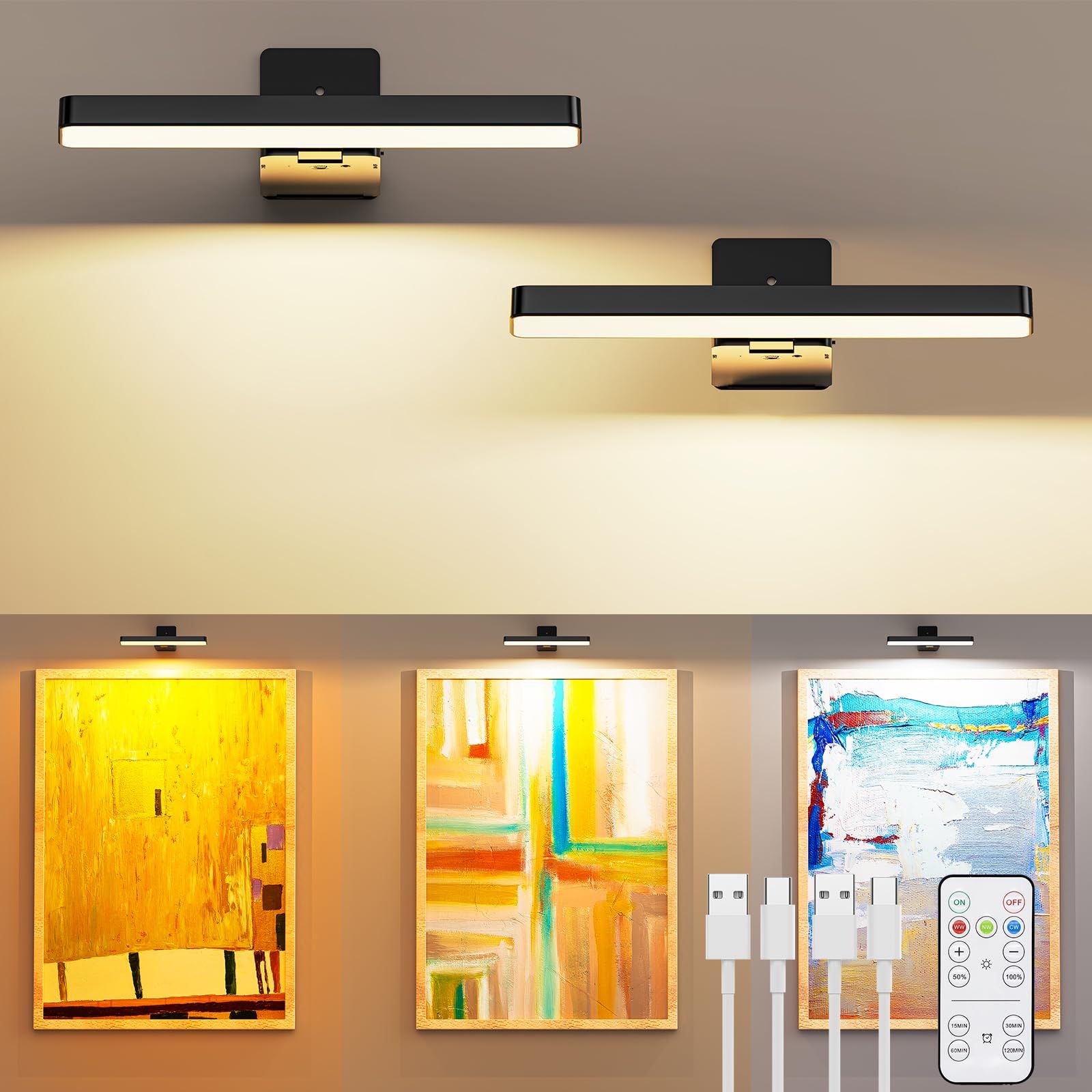 Rechargeable LED Picture Light, Black Cordless Wall Light w/ Remote Control, 3