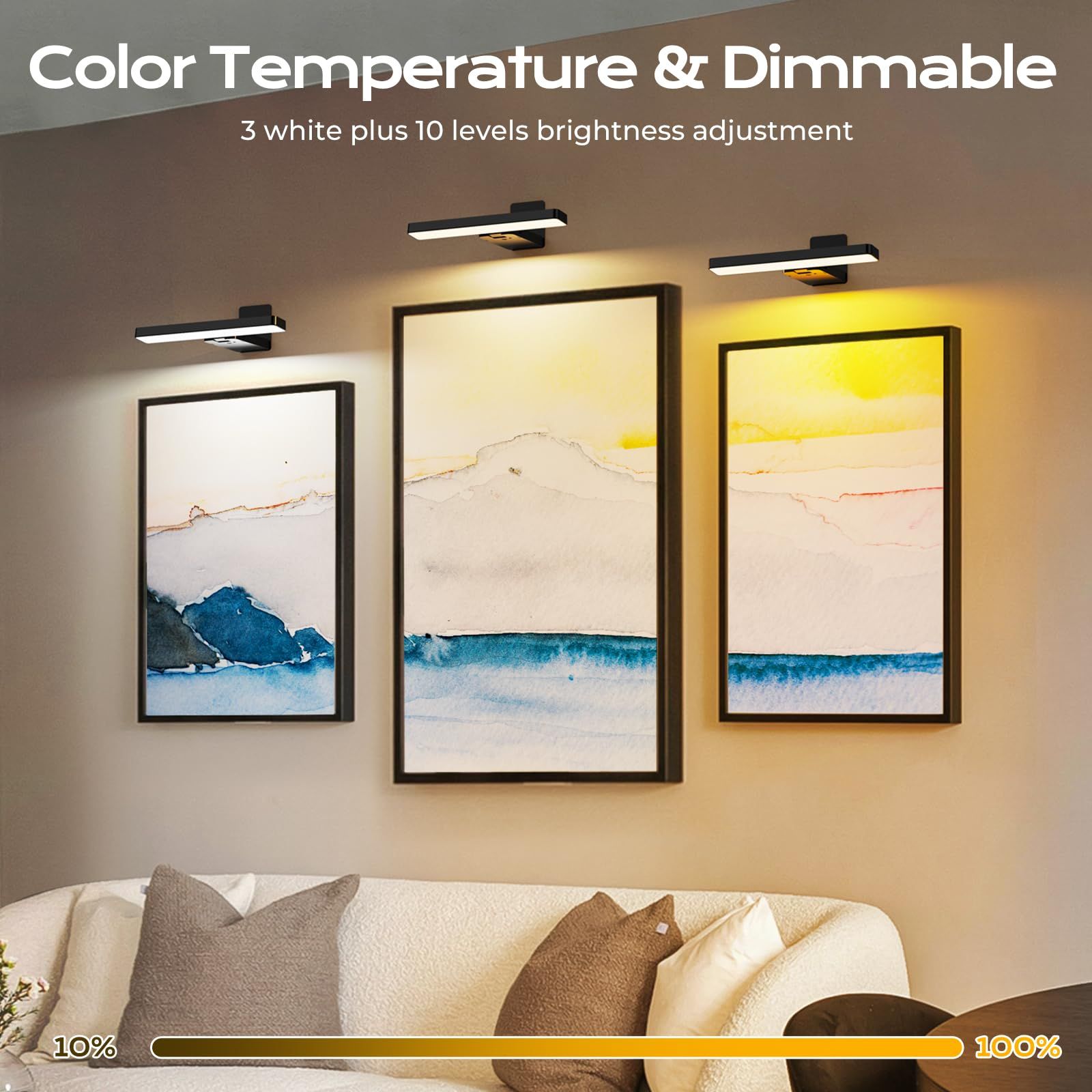 Rechargeable LED Picture Light, Black Cordless Wall Light w/ Remote Control, 3