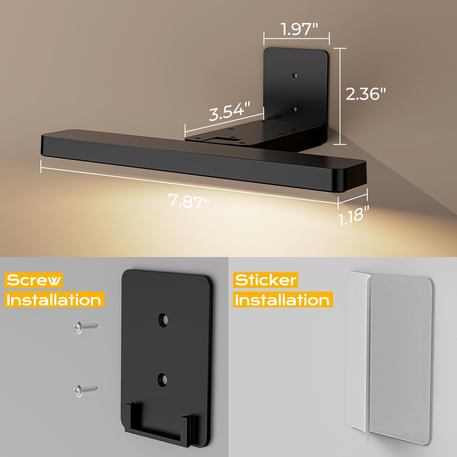 Rechargeable LED Picture Light, Black Cordless Wall Light w/ Remote Control, 3