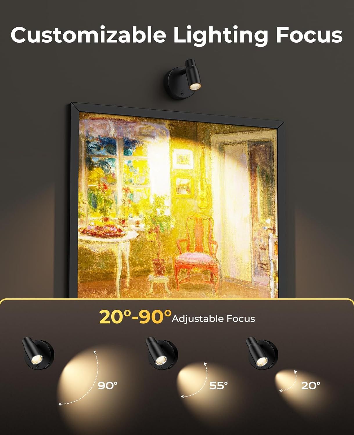 Zoomable Spot Lights Indoor, Rechargeable Picture Light w/ Remote, Dimmable CCT