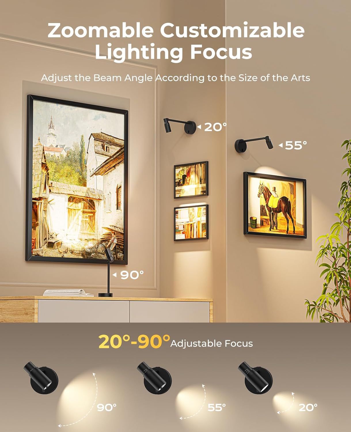 Zoomable Picture Light for Wall, Battery Operated Art Light for Paintings CCT