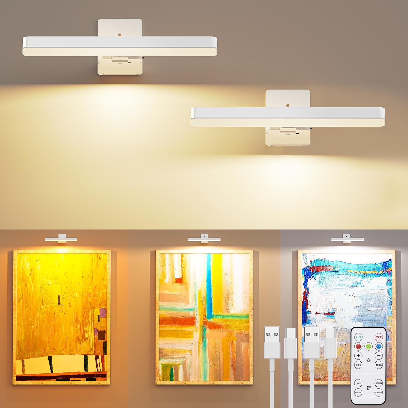White Rechargeable Picture Light w/ Remote, Dimmable 3 Colour LED Wall Light for