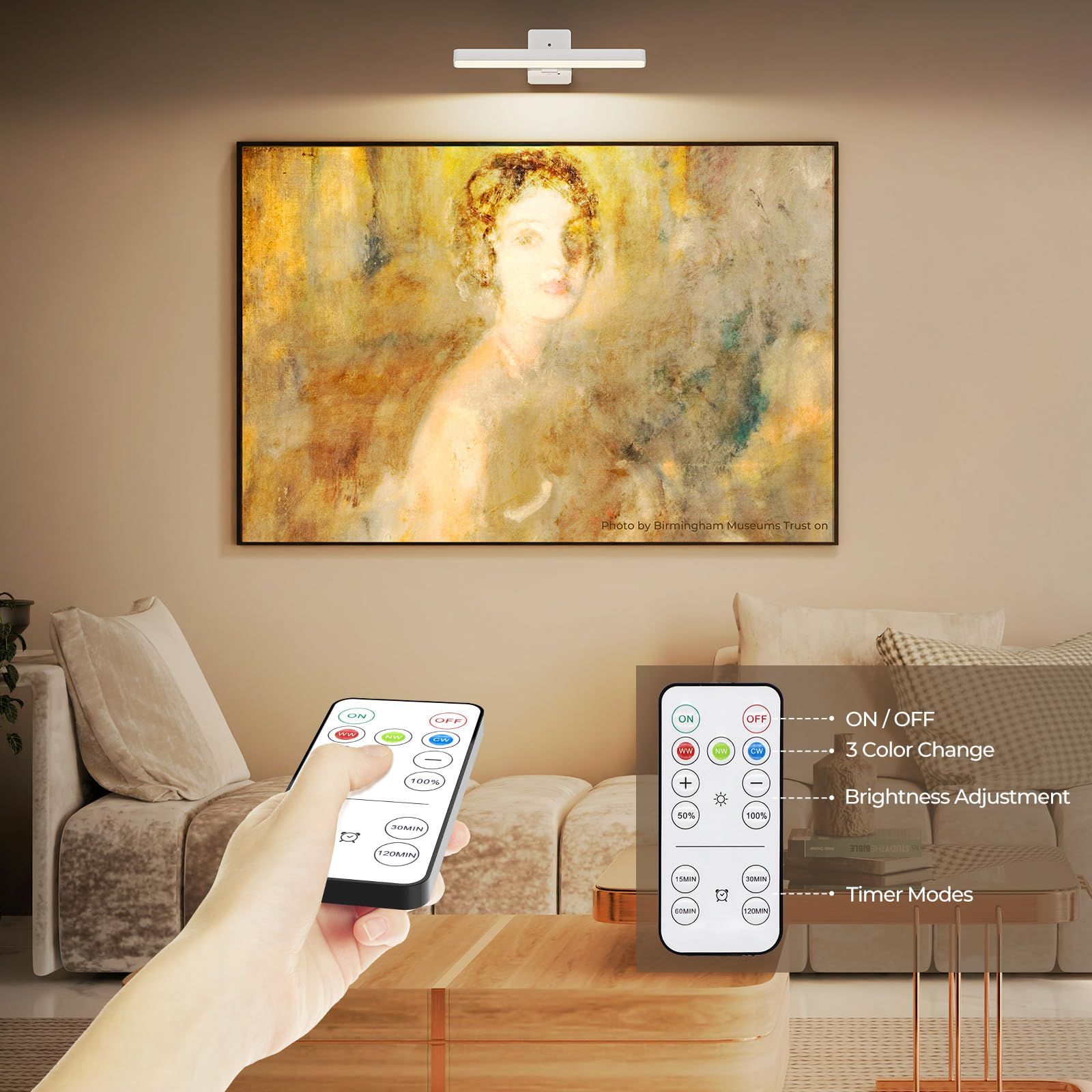 White Rechargeable Picture Light w/ Remote, Dimmable 3 Colour LED Wall Light for