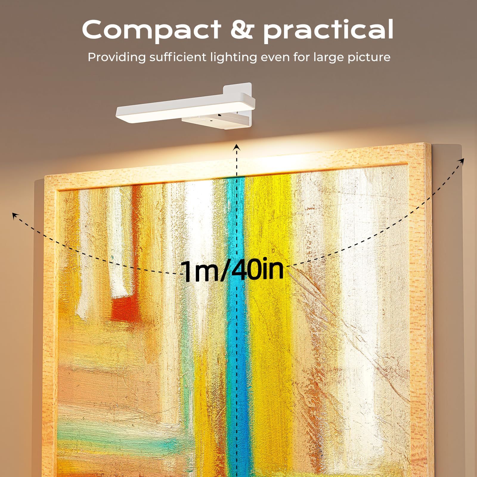 White Rechargeable Picture Light w/ Remote, Dimmable 3 Colour LED Wall Light for