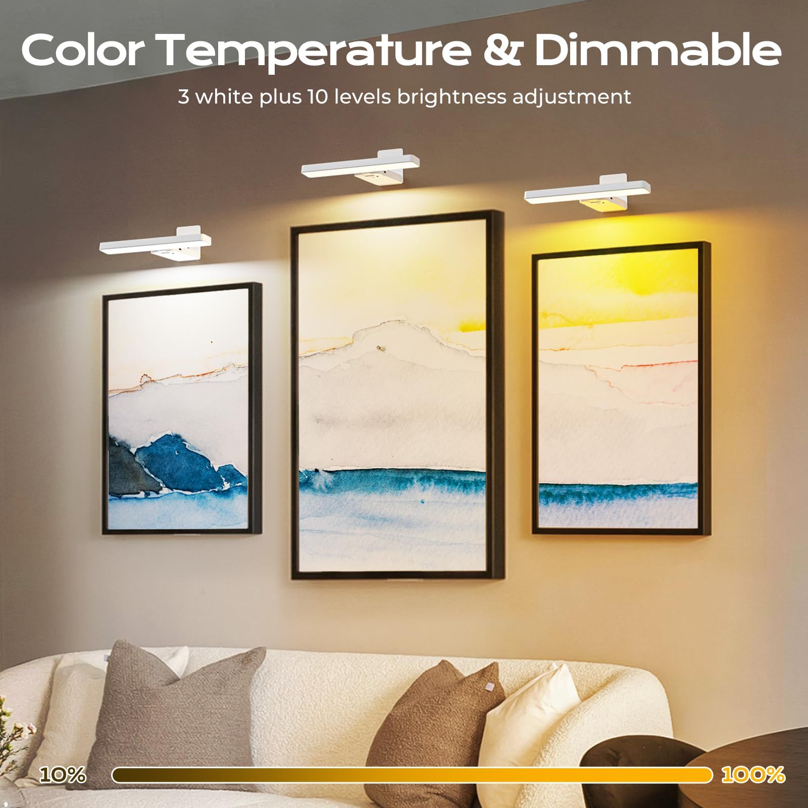 White Rechargeable Picture Light w/ Remote, Dimmable 3 Colour LED Wall Light for