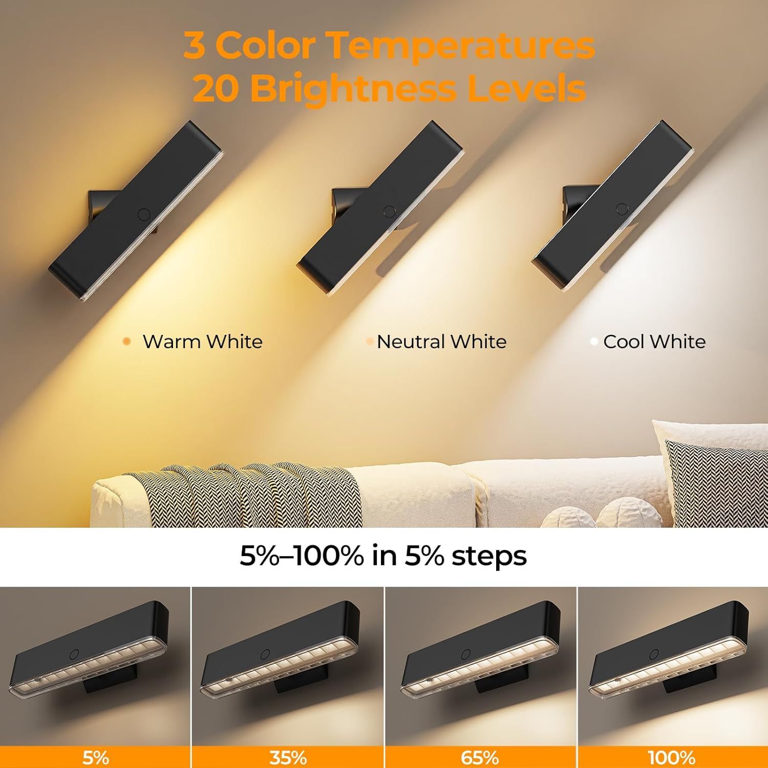 Battery Operated Wall Sconce 2pc Wireless Wall Lamp w/ Remote Control & Touch