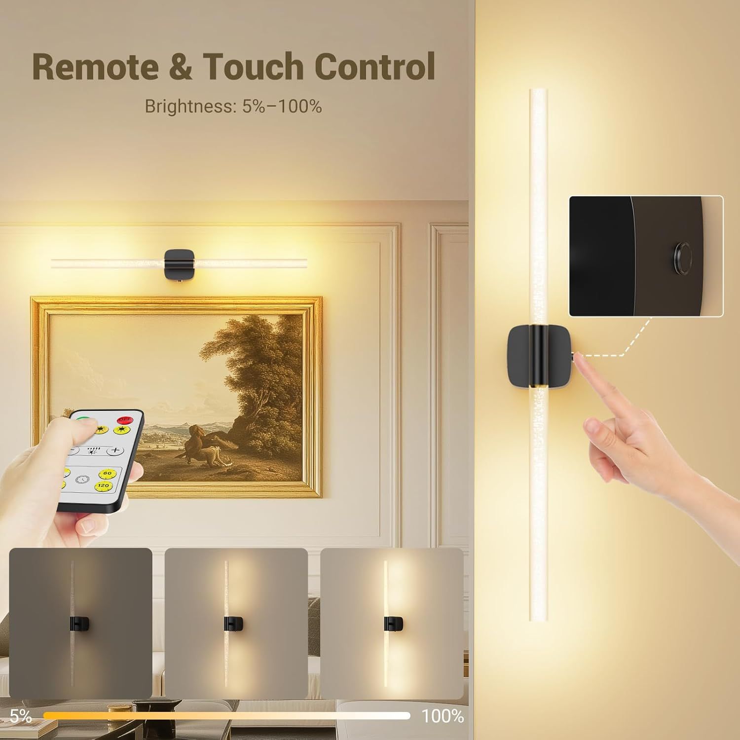 Black Battery Operated Wall Sconce 2pc, Rechargeable Wireless Wall Lights w