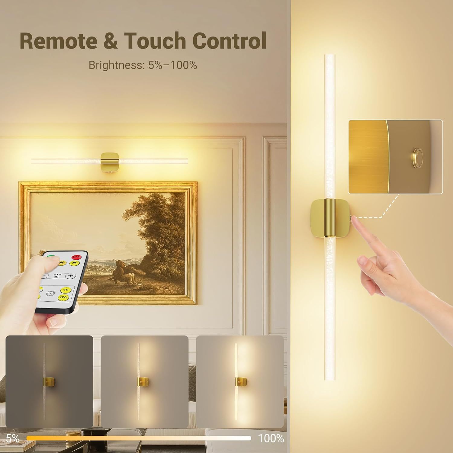 Gold Battery Operated Wall Sconce 2pc, Rechargeable Wireless Wall Lights w