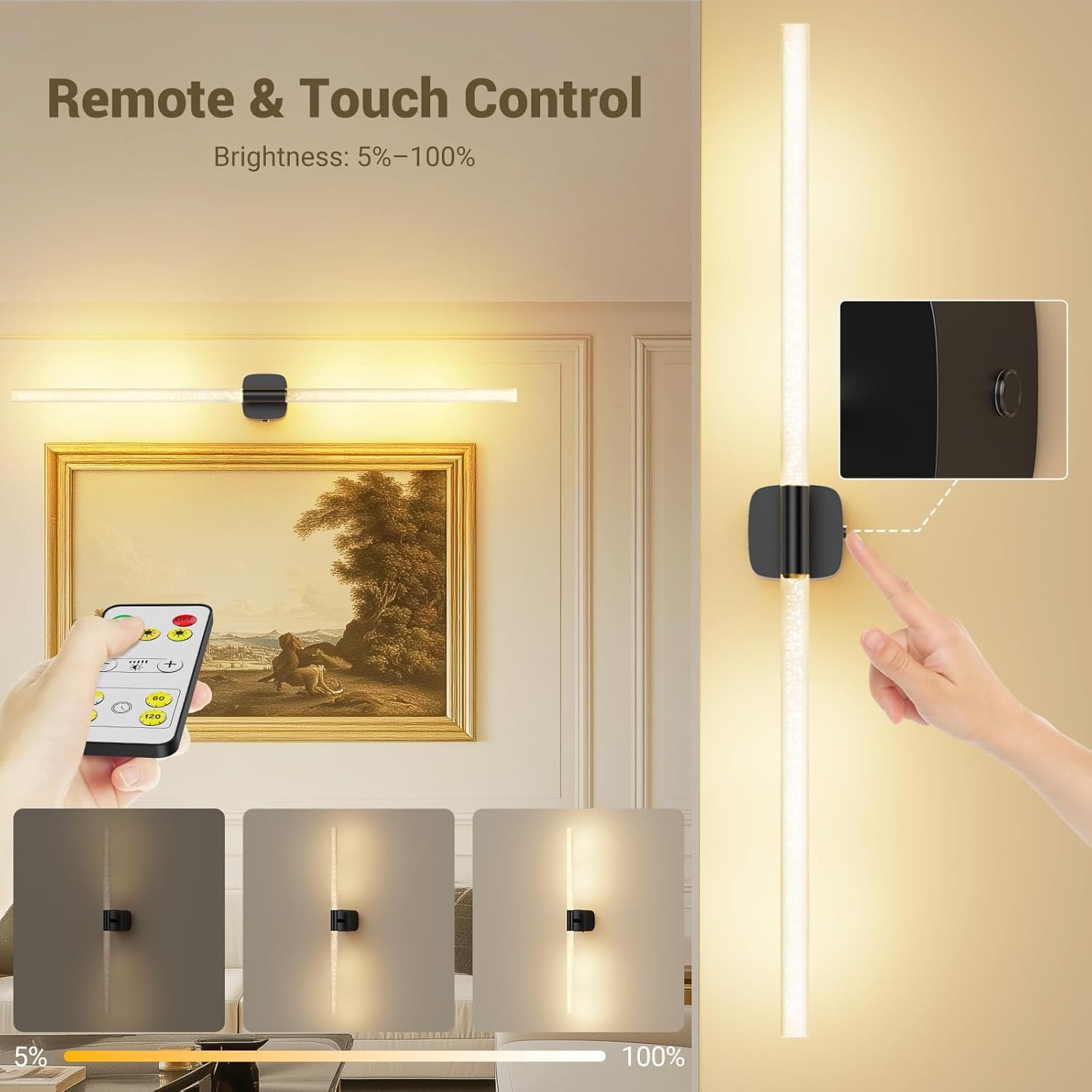 Black Battery Operated Wall Sconce 2pc, Rechargeable Wireless Wall Lights w