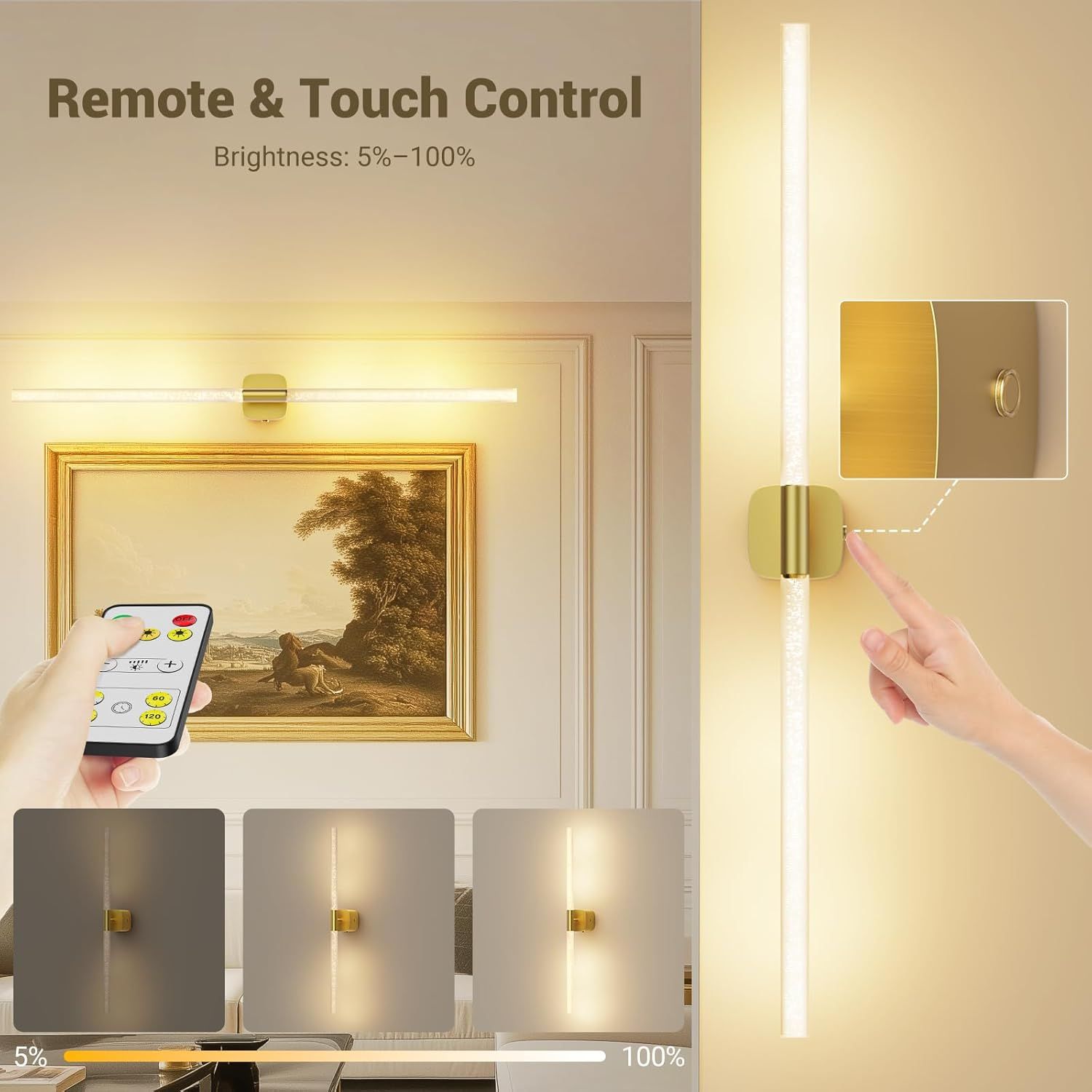 Gold Battery Operated Wall Sconce 2pc, Rechargeable Wireless Wall Lights w