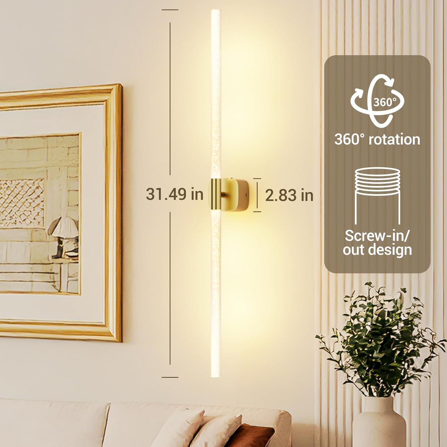 Gold Battery Operated Wall Sconce 2pc, Rechargeable Wireless Wall Lights w