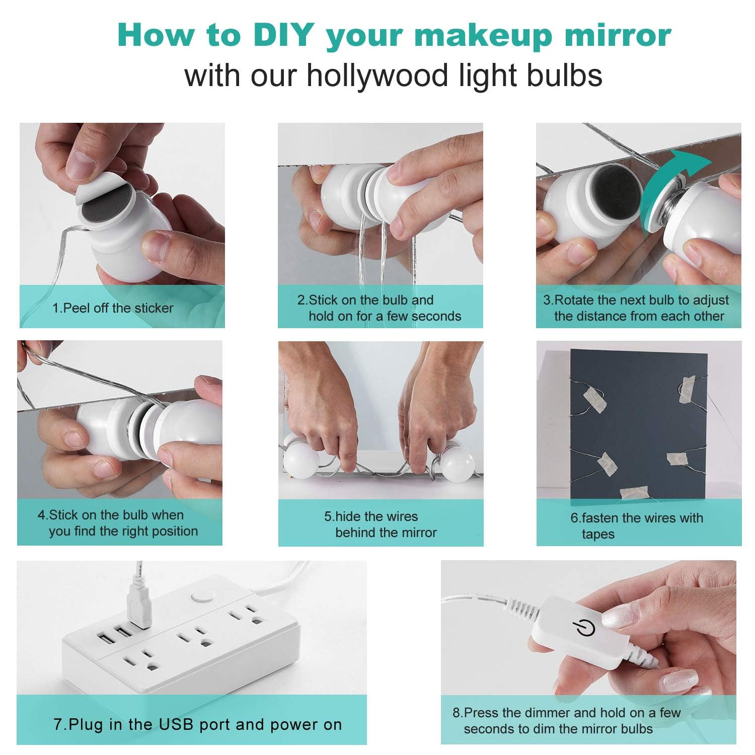 Dimmable Hollywood Style Lighted Vanity Makeup Mirror, LED Vanity Mirror Lights