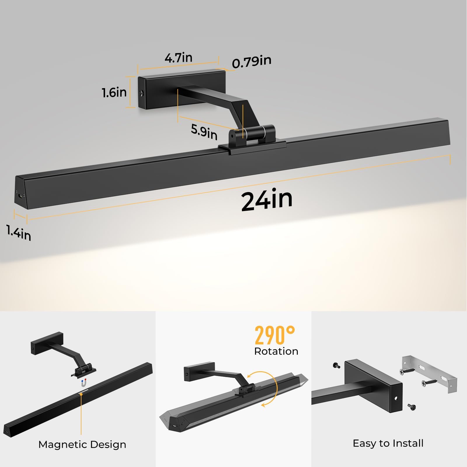 Wall Picture Light, 24in Battery-Powered Gallery Light for Artwork, CCT Dimmable