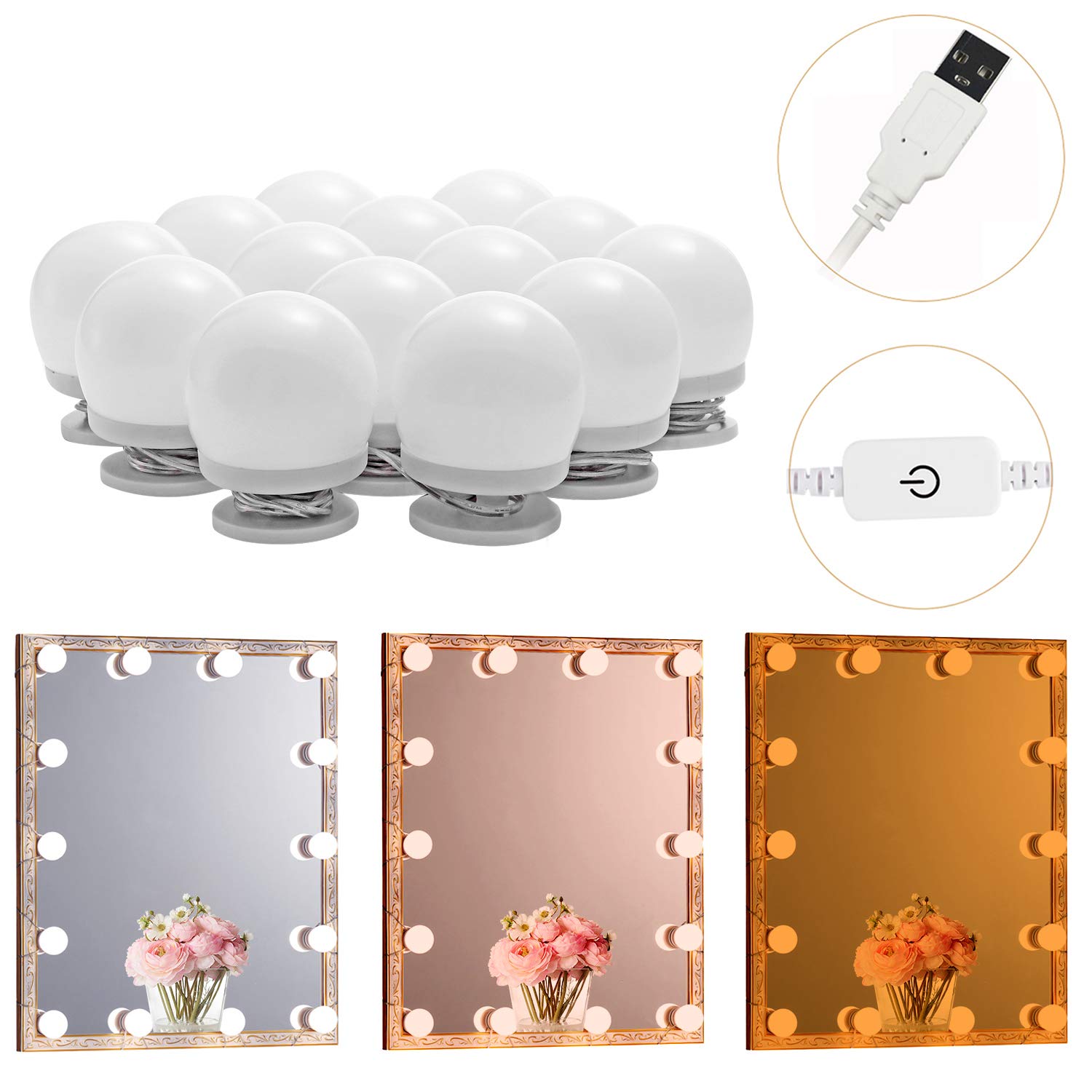 LED Makeup Vanity Lights w/ 14 Dimmable Light Bulbs, Hollywood Style Cosmetic