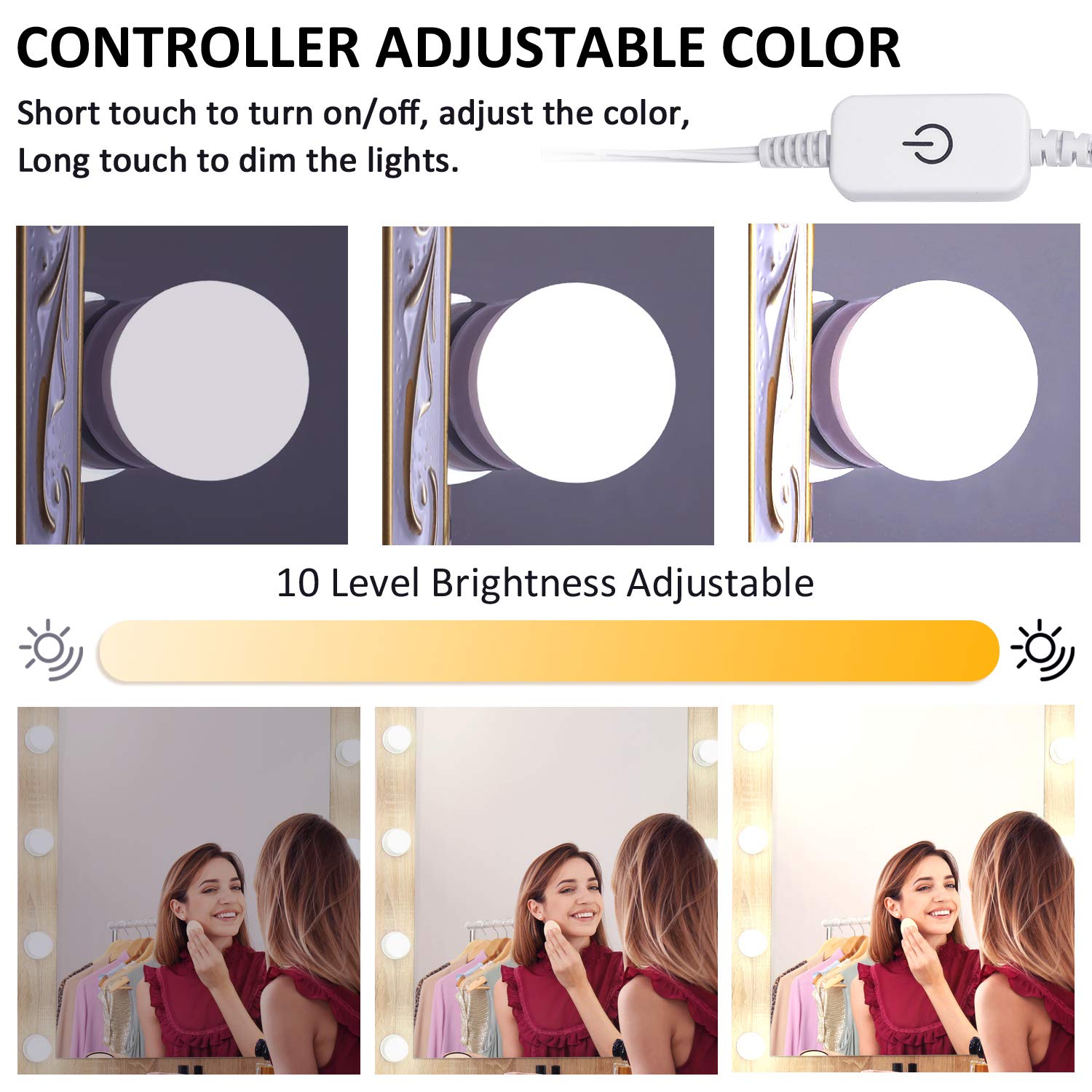 LED Makeup Vanity Lights w/ 14 Dimmable Light Bulbs, Hollywood Style Cosmetic