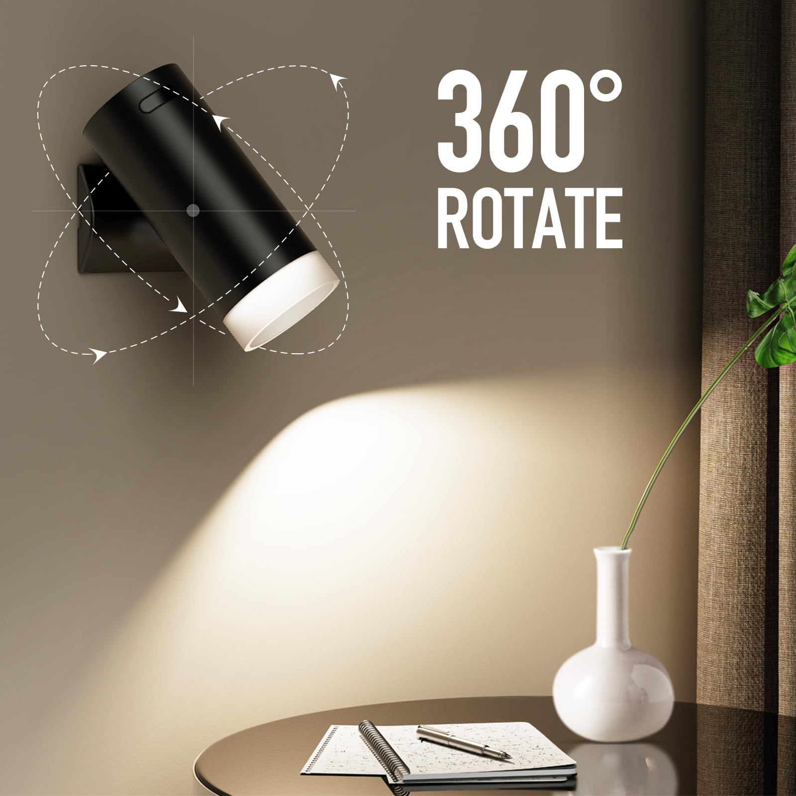Battery Operated Wall Sconce CCT Dimmable Wireless Reading Light, Rechargeable