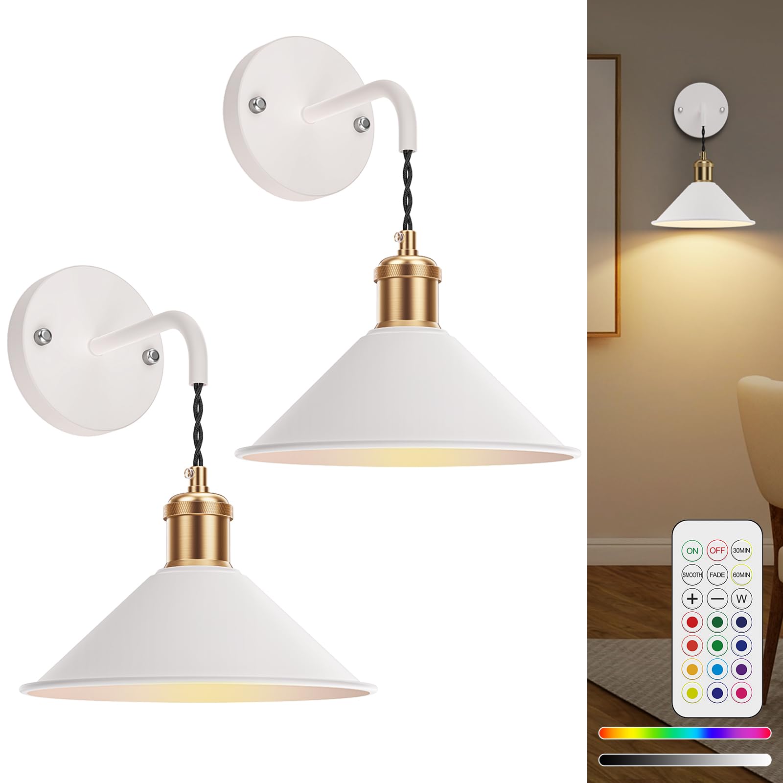 Battery Operated Wall Sconce, Wireless Wall Lights 2pc, 13 RGB Colors Dimmable