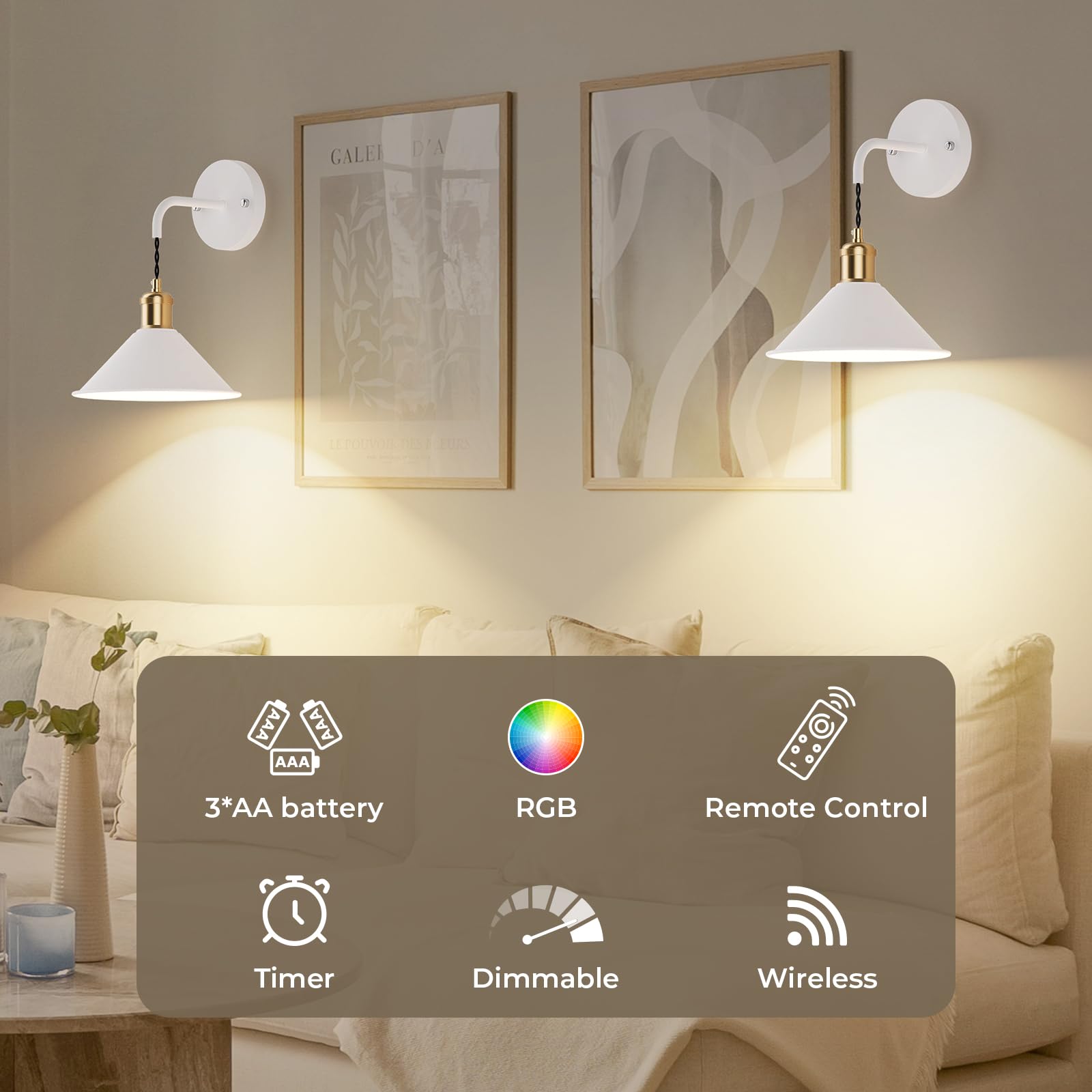 Battery Operated Wall Sconce, Wireless Wall Lights 2pc, 13 RGB Colors Dimmable
