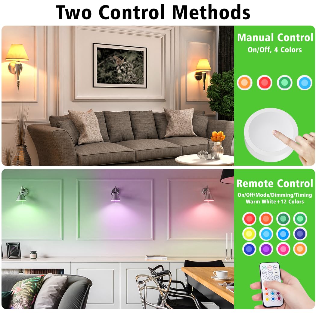 LED Puck Lights w/ Remote Battery Powered RGB Puck Light for E27