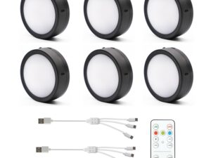 AIBOO Rechargeable Cabinet Lights, 6 Pack Puck Lights, 3 Colour, Remote, Black