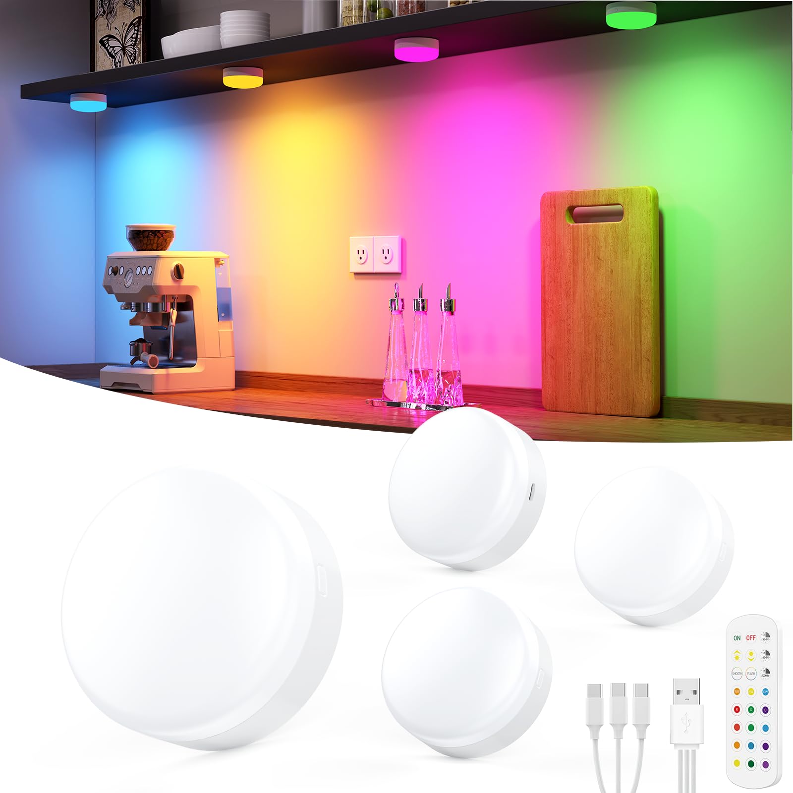 Puck Lights w/ Remote Control, 4-Pack Wireless Stick On Lights for Under