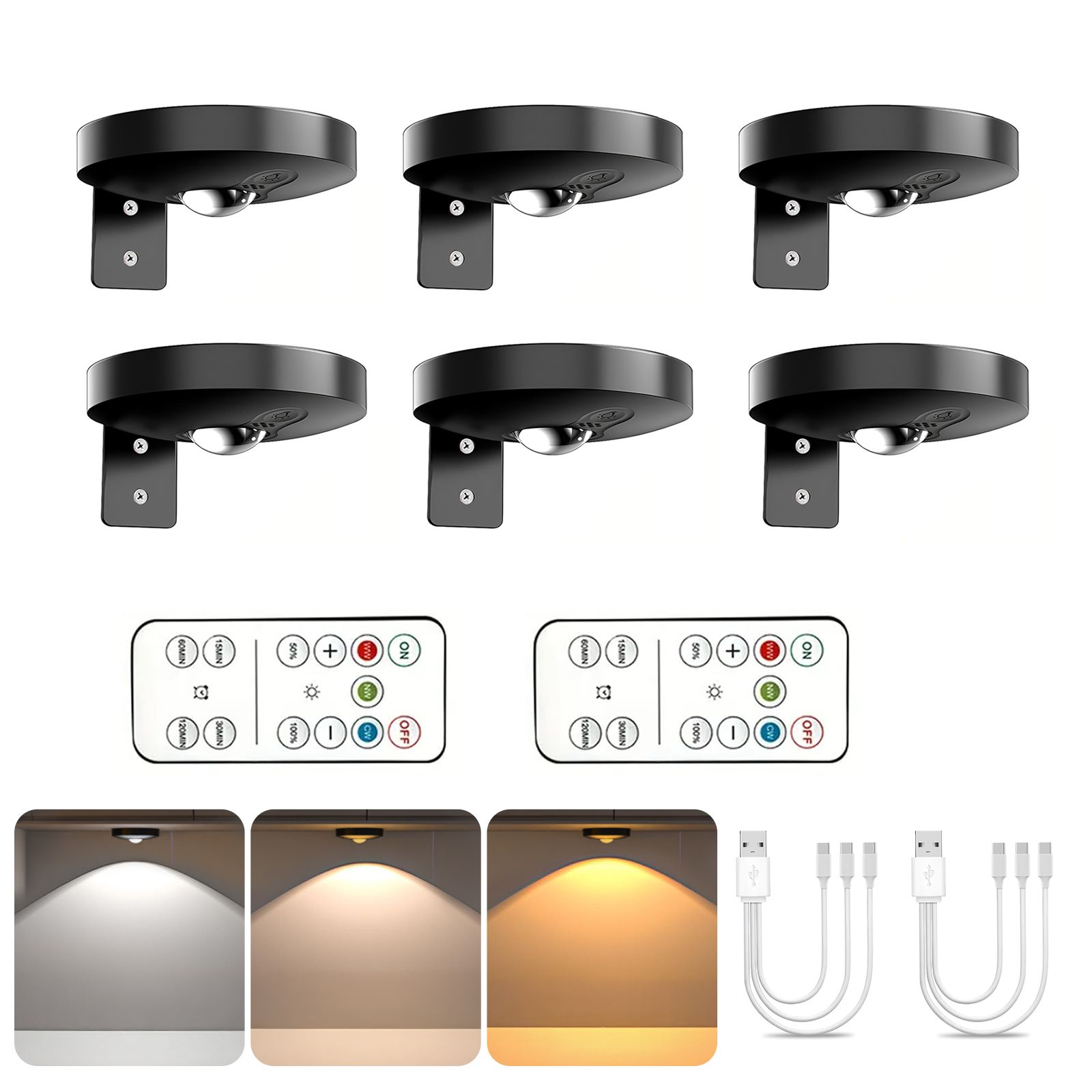 Rechargeable Picture Lights, 6 Pack Black Wireless Art Lights w/ Remote & Touch