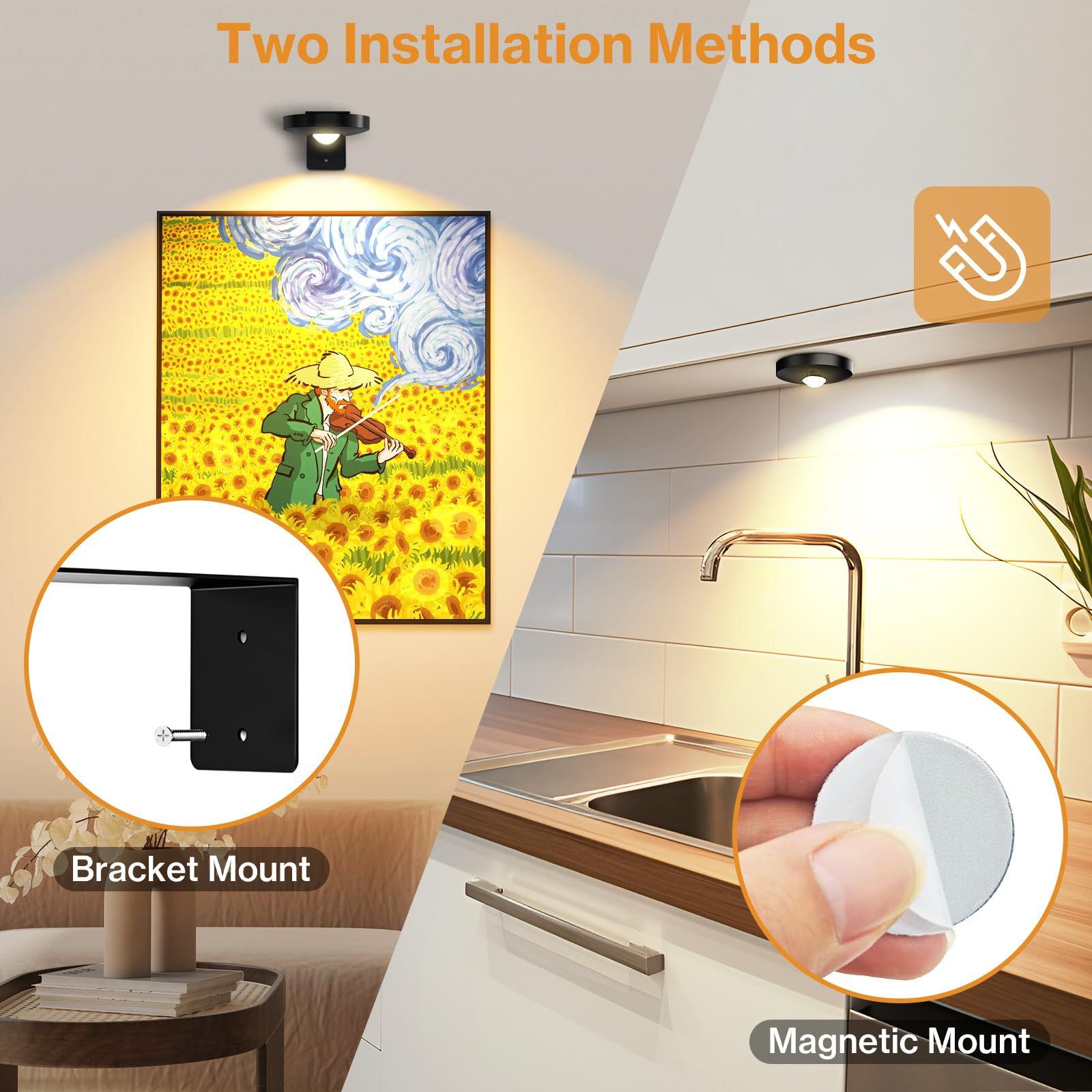 Rechargeable Picture Lights, 6 Pack Black Wireless Art Lights w/ Remote & Touch