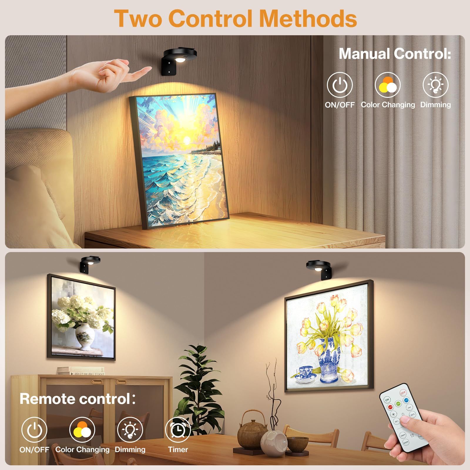 Rechargeable Picture Lights, 6 Pack Black Wireless Art Lights w/ Remote & Touch