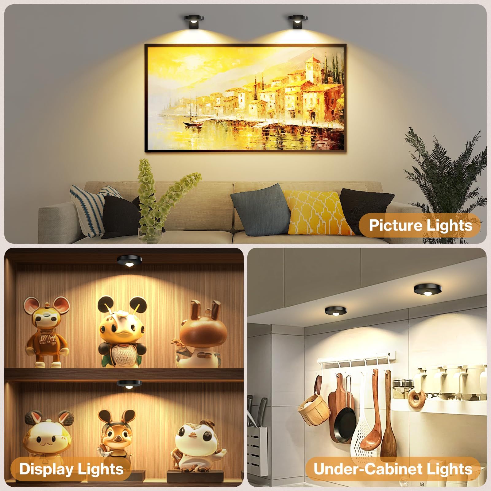 Rechargeable Picture Lights, 6 Pack Black Wireless Art Lights w/ Remote & Touch