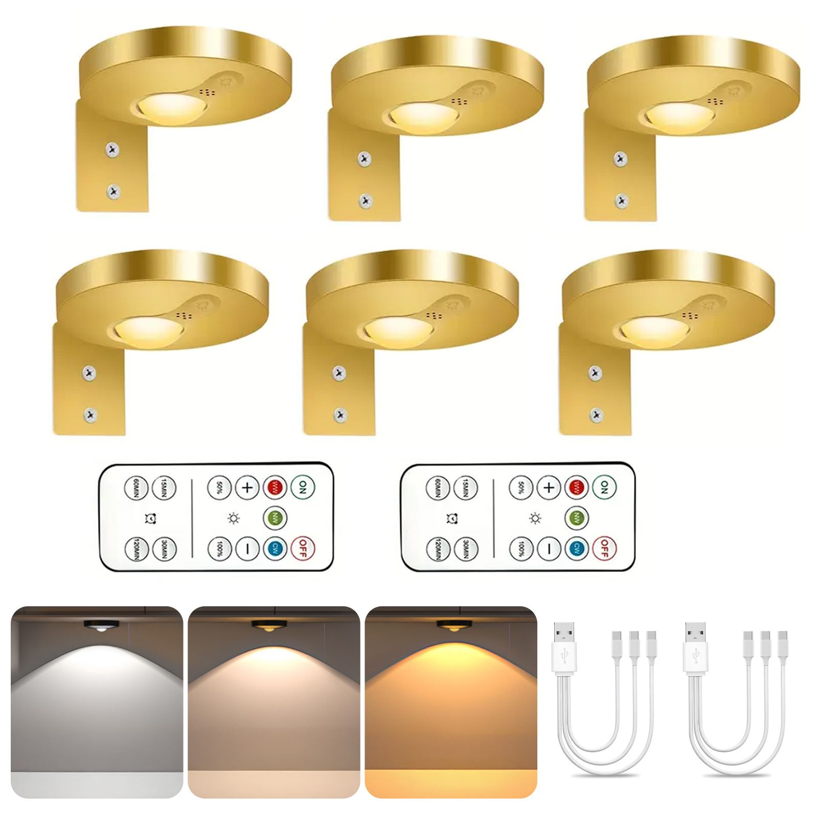 Rechargeable Picture Lights, 6 Pack Gold Wireless Art Lights w/ Remote & Touch