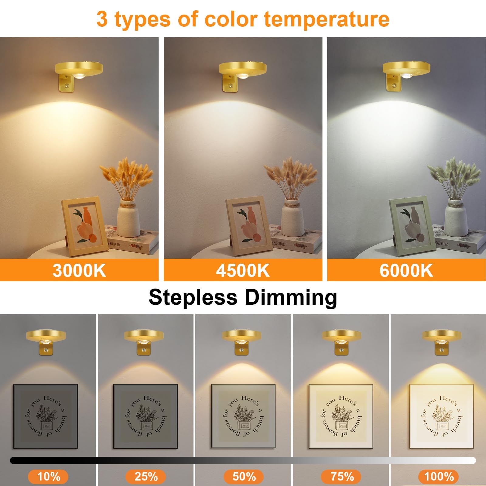 Rechargeable Picture Lights, 6 Pack Gold Wireless Art Lights w/ Remote & Touch