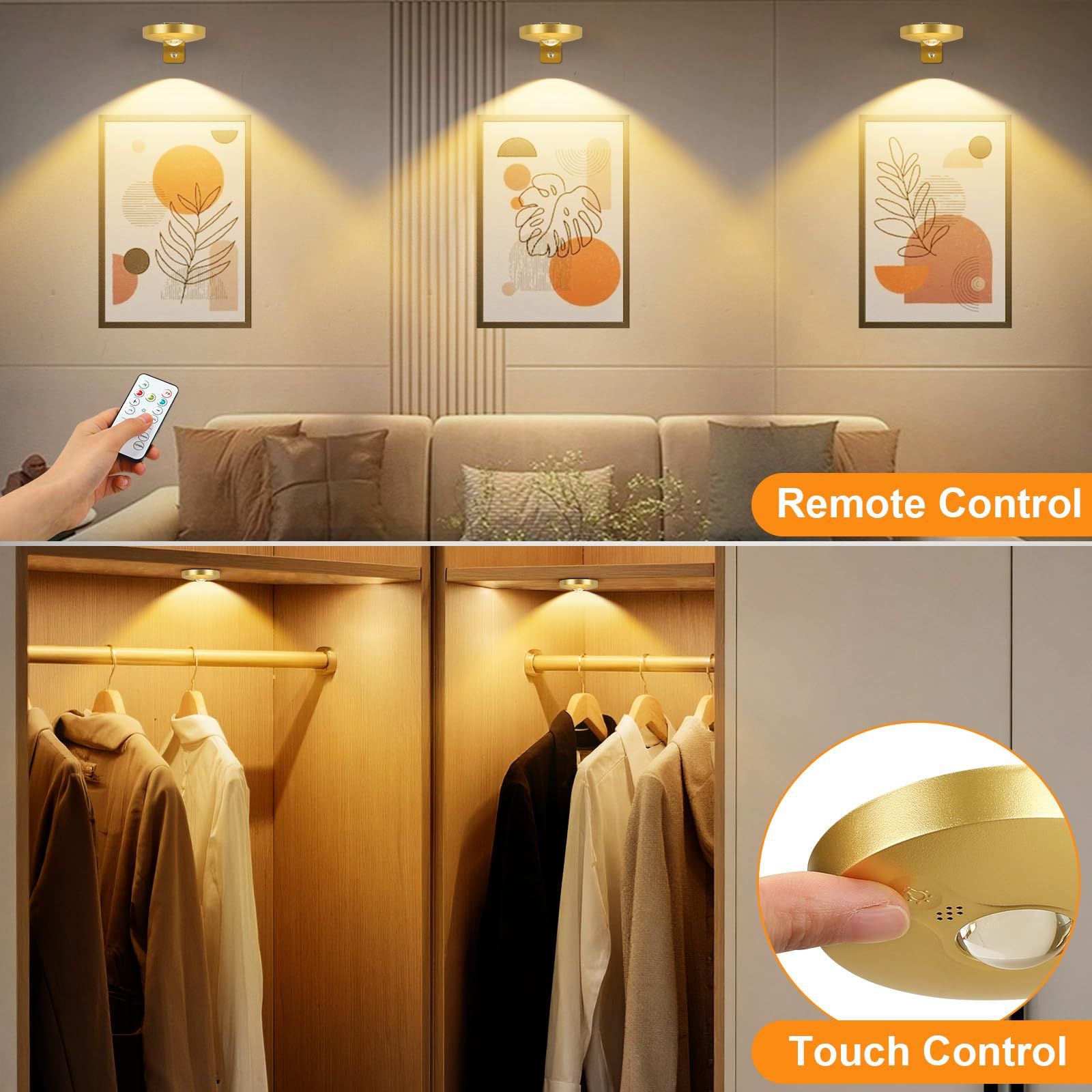 Rechargeable Picture Lights, 6 Pack Gold Wireless Art Lights w/ Remote & Touch