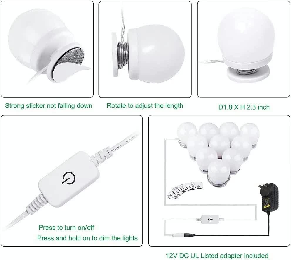Hollywood LED Vanity Mirror Lights Kit,Stick on Dimmable Makeup Lights, 12V