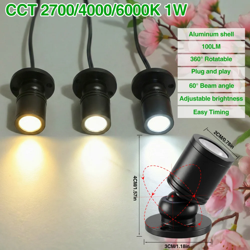 Dimmable LED Mini Spotlight, 12V CCT 2700K-6000K, Adjustable for Display