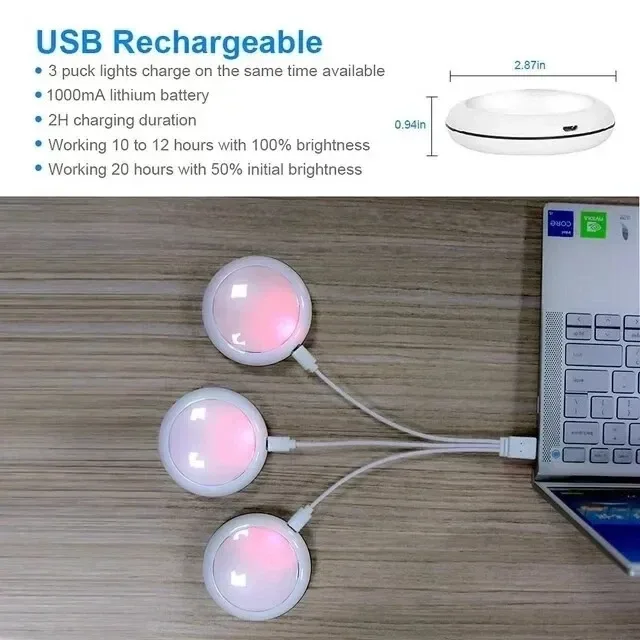 USB Rechangeable RGBW LED Cabinet Light Puck Lights 16Colors Timmer Remote