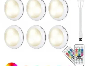 USB Rechangeable RGBW LED Cabinet Light Puck Lights 16Colors Timmer Remote