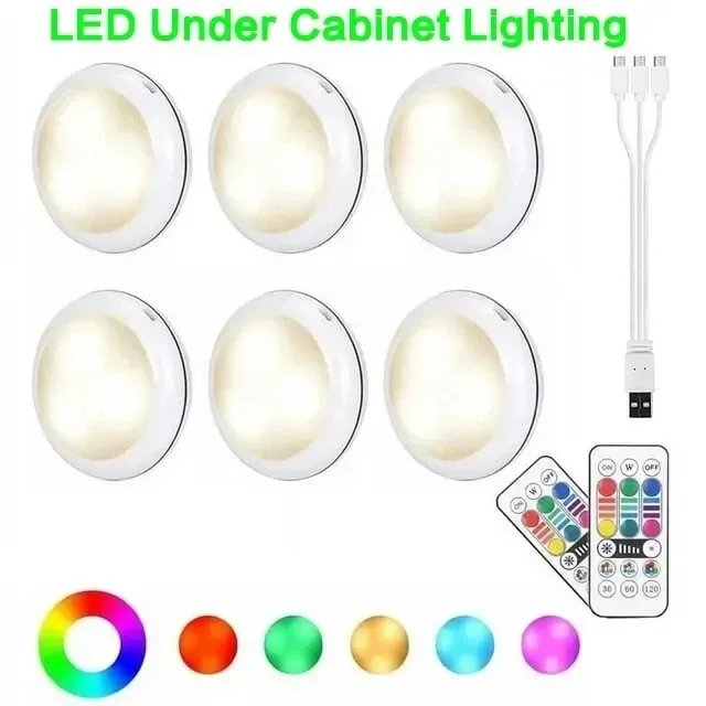 USB Rechangeable RGBW LED Cabinet Light Puck Lights 16Colors Timmer Remote
