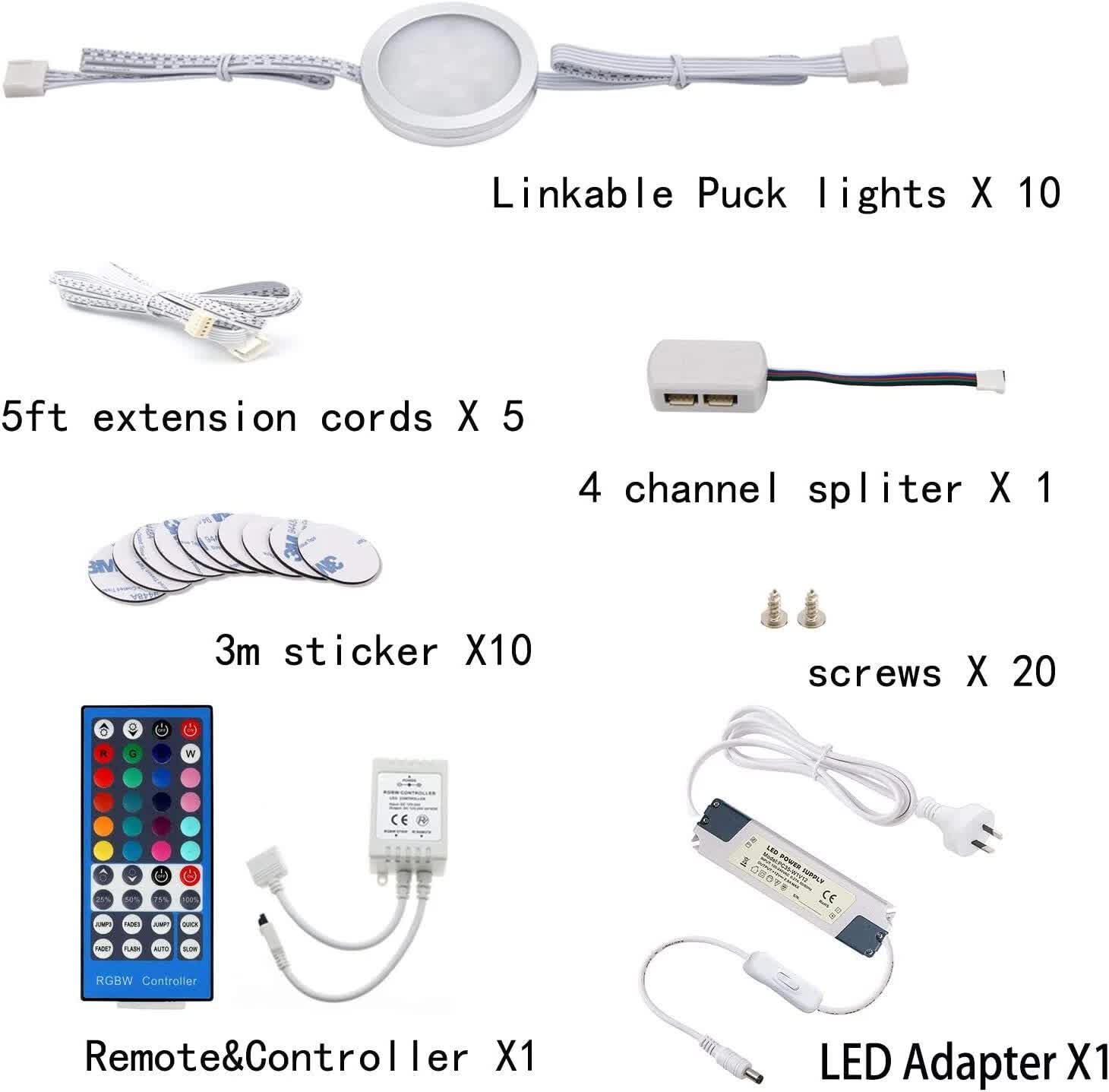 Under Counter LED Light Kit, RGBWW Under Cabinet Lighting, 10 Packs Colored
