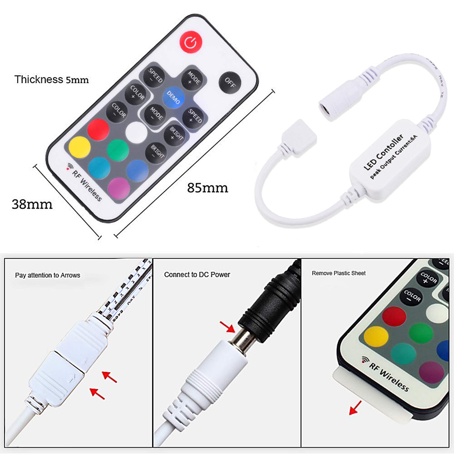 Mini Remote Controller for RGB Color LED Strip Lights, RF Dimmer for 12V DC LED