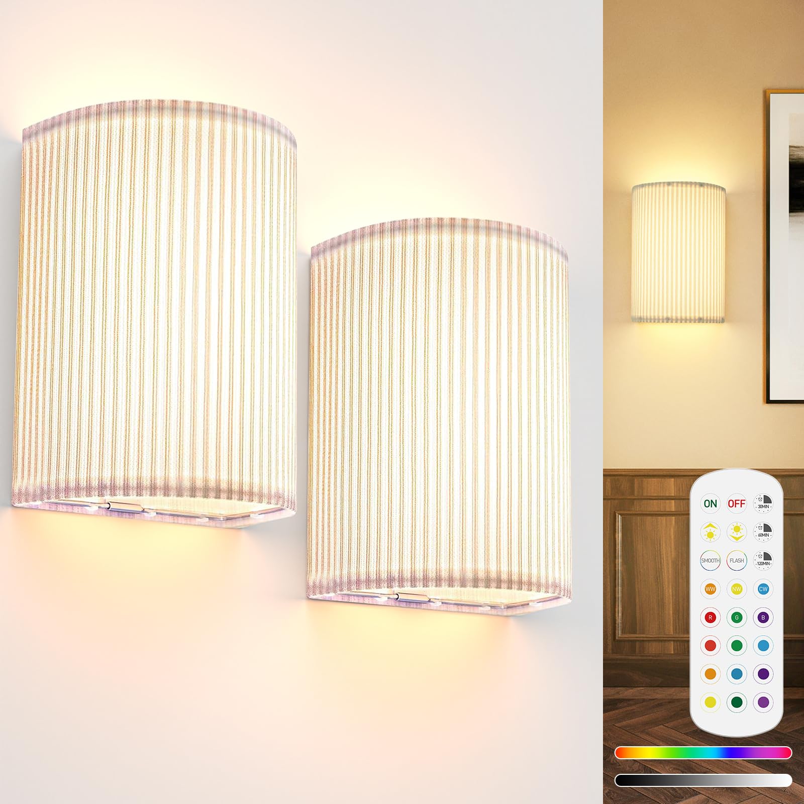 Battery Operated Wall Sconces 2pc, 5000mAh Rechargeable RGB Wall Lamp w/ Remote