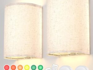 Wall Lights 2pc, Battery Operated Fabric Sconce w/ Remote, LED Lamps in RGB+Warm