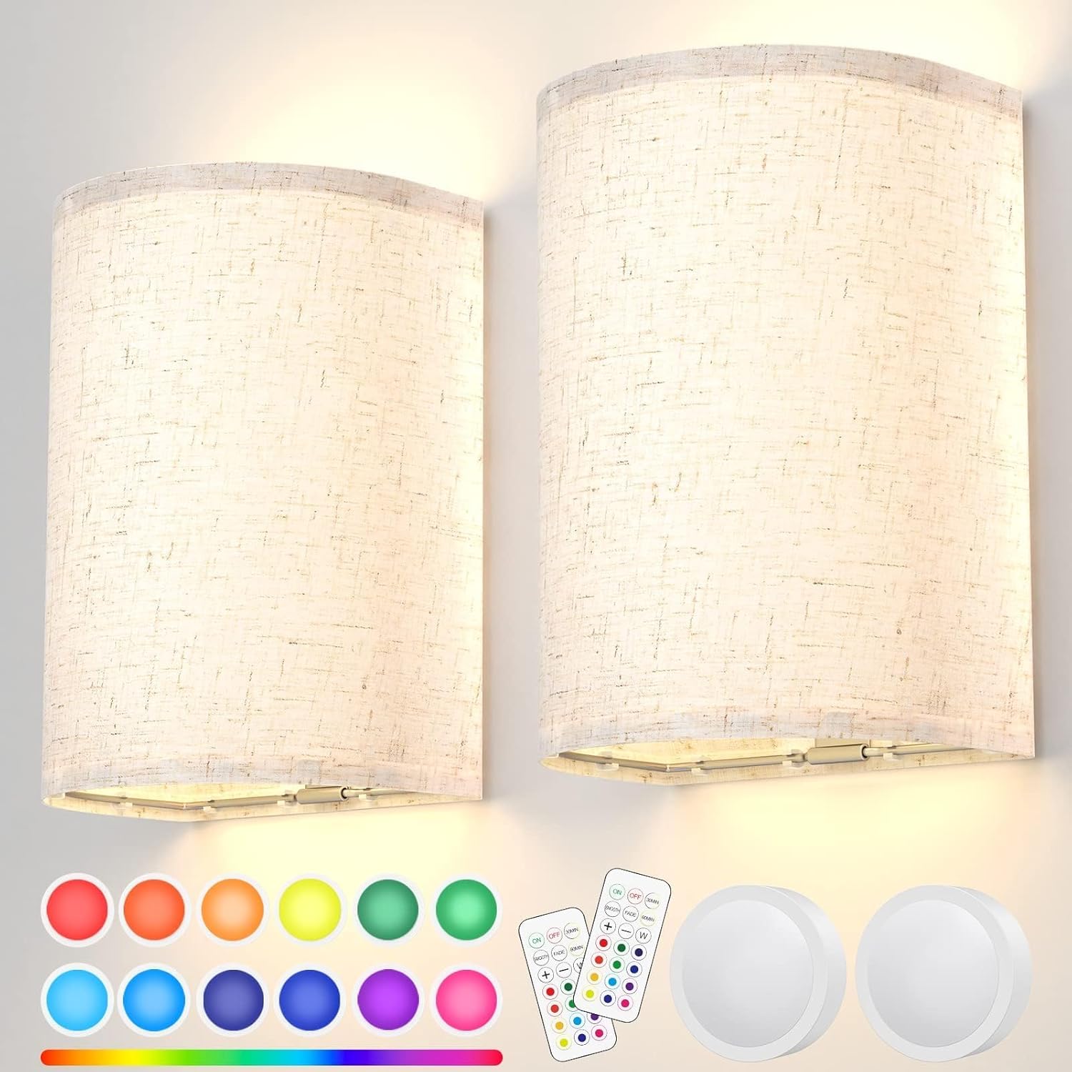 Wall Lights 2pc, Battery Operated Fabric Sconce w/ Remote, LED Lamps in RGB+Warm